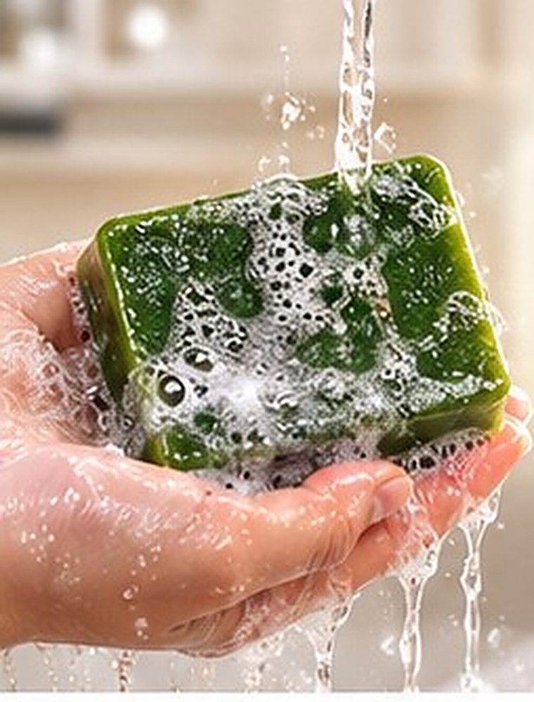 Neem Tulsi handmade soap lathering under running water